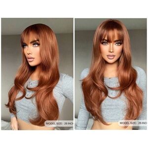 26” Copper Long Wavy natural Synthetic Fiber Full Wig With Bangs for dai…